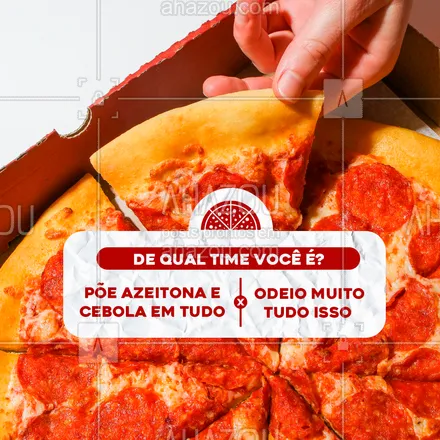 posts, legendas e frases de pizzaria para whatsapp, instagram e facebook: Essa é uma verdadeira polêmica no mundo da pizza: com ou sem cebola e azeitona. Conta pra gente aqui nos comentários como você gosta da sua pizza! 👇🏻👀🍕
#ahazoutaste #pizza  #pizzalife  #pizzalovers  #pizzaria 
