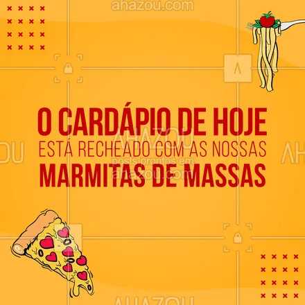 posts, legendas e frases de marmitas para whatsapp, instagram e facebook: Qual a sua massa preferida? Temos certeza que você vai se apaixonar pelas nossas marmitas recheadas de massas fresquinhas e com molho artesanal. Não deixe a fome pegar você 🍝#ahazoutaste #marmita #molhos #massas #macarrão #marmitademassas #marmitex 