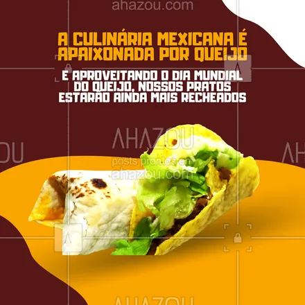 posts, legendas e frases de cozinha mexicana para whatsapp, instagram e facebook: 20 de janeiro é o Dia Mundial do Queijo.
Aproveite essa data e venha experimentar nossos pratos que são recheados de queijos.
Faça já o seu pedido!
#ahazoutaste #comidamexicana  #cozinhamexicana  #nachos  #texmex  #vivamexico 