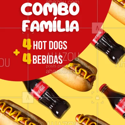 posts, legendas e frases de  para whatsapp, instagram e facebook: Fim de semana pede lanche em família! Leve 4 hot dogs completos + 4 bebidas por R$XX,XX. Economize e aproveite!
🚚 Entregamos em [bairros].
#ComboFamília #HotDog #DeliveryEconomico