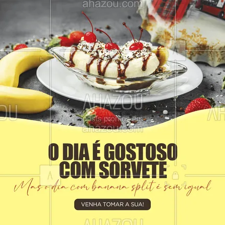 posts, legendas e frases de gelados & açaiteria para whatsapp, instagram e facebook: O sorvete que faltava no seu dia com certeza está em uma banana split, vem pra cá! 🤩
#bananasplit #ahazoutaste #gelados  #icecream  #sorvete  #sorveteria 