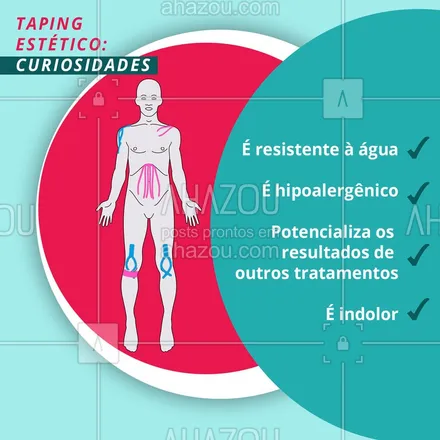 posts, legendas e frases de estética corporal, estética facial para whatsapp, instagram e facebook: Um dos grandes benefícios do taping estético é o fato de, em conjunto com qualquer tratamento, é utilizado para potencializar resultados. ? E, por ser hipoalergênico, pode ser utilizado por todos os pacientes, é indolor e resistente à água. ? Não perca tempo! ⏰? Agende suas sessões. #ahazou  #esteticacorporal #estetica #esteticista #esteticaavancada #saúde #beleza #bemestar #esteticafacial #skincare #taping #tapingestetico #bandagem #bandagemfuncional