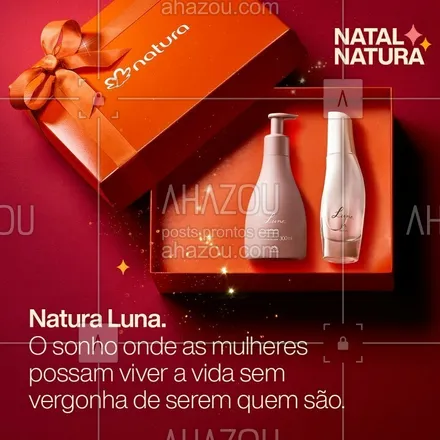 posts, legendas e frases de natura para whatsapp, instagram e facebook: E se neste Natal, além de presentes, compartilhássemos o sonho onde as mulheres possam viver a vida sem vergonha de serem quem são? Natal Natura. Em cada presente, o sonho de um mundo mais bonito. #CompartilheSeusSonhos #PorUmMundoMaisBonito #PraTodosVerem: Na imagem vemos a caixa de presente laranja da Natura com os produtos de Natura Luna dentro e o texto “Natura Luna. O sonho onde as mulheres possam viver a vida sem vergonha de serem quem são.” #AhazouNatura #ahazourevenda