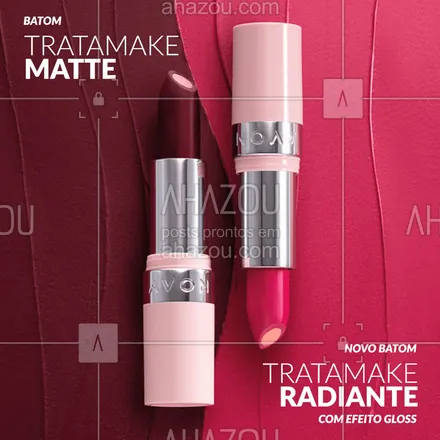 posts, legendas e frases de avon para whatsapp, instagram e facebook: Cores intensas, fator de proteção solar e núcleo de ácido hialurônico que hidrata profundamente os lábios. E agora são 2 acabamentos pra escolher: matte e radiante com efeito gloss. Qual deles entrega o visual que você mais ama?
Tratamake é #MakeQueTeTrataBem e só Avon tem! #ahazouavon #ahazourevenda