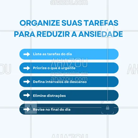 posts, legendas e frases de saúde mental para whatsapp, instagram e facebook: Organizar suas tarefas ajuda a reduzir a sensação de sobrecarga, uma das principais causas da ansiedade. Quando seu dia está mais claro e planejado, fica mais fácil evitar o estresse desnecessário. Comece a praticar essa organização diariamente e observe como isso impacta positivamente seu bem-estar! 📅✨ #GestãoDoEstresse #OrganizaçãoPessoal #VidaEquilibrada #ControleDaAnsiedade #RespiraçãoConsciente #SaúdeMental #AhazouSaude #viverbem #controledaansiedade 