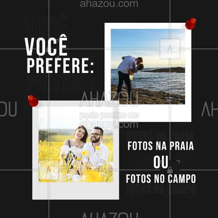 posts, legendas e frases de fotógrafos & estúdios de fotografia para whatsapp, instagram e facebook: Conta pra gente qual lugar você prefere para fazer um ensaio fotográfico! ?
Aqui a gente faz as fotos bem do jeito que você gosta. Seja no campo ou na praia, o que importa é que as fotos façam sentido para você e combinem com o seu estilo e personalidade! 
Para saber mais, entre em contato e vamos conversar (xx) xxxx-xxxx ?

#fotografia #EnsaioFotográfico #FotosNaPraia #FotosNoCampo #ahazoufotografia  #photographer #fotografiaprofissional