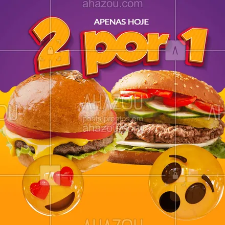 posts, legendas e frases de hamburguer para whatsapp, instagram e facebook: Aproveite que é só hoje! Compre seu burger e ganhe mais um de brinde!
Promoção 2 por 1, vem!!
#ahazou #burger #promocao #comer #semneura