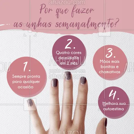 posts, legendas e frases de manicure & pedicure para whatsapp, instagram e facebook: Unhas lindas toda semana! Venha agendar!!? #manicure #pedicure #ahazou #bandbeauty #unhas #esmaltes 