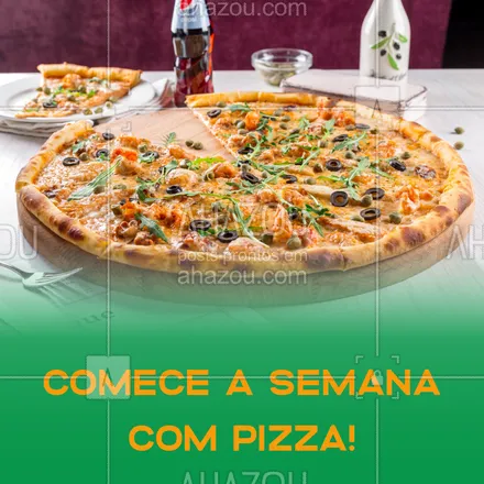 posts, legendas e frases de pizzaria para whatsapp, instagram e facebook: Quem disse que Segunda-feira não é dia de pizza? Peça já a sua! #pizza #ahazou #pizzaria #comida #alimentaçao