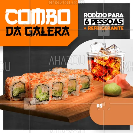posts, legendas e frases de cozinha japonesa para whatsapp, instagram e facebook: CHAMA A GALERA QUE HOJE É DIA DE COMBO ???♀?♂
#combo #amigos #galera #sushi #rodizio #cozinhaoriental #promoçãosushi #ahazoutaste #bandbeauty