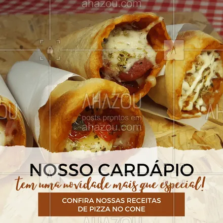 posts, legendas e frases de pizzaria para whatsapp, instagram e facebook: Os sabores favoritos do nosso menu em uma maneira totalmente nova de provar! #ahazoutaste #pizzaria #pizza #pizzalife #pizzalovers #ahazoutaste 