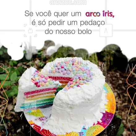 posts, legendas e frases de confeitaria para whatsapp, instagram e facebook: É um arco íris que você quer? Pois ficou fácil demais! ? Peça já o seu bolo arco-íris! ?? #Bolo #BoloArcoIris #ahazoutaste  #confeitaria #doces