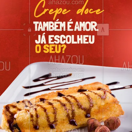 posts, legendas e frases de  para whatsapp, instagram e facebook: Brigadeiro, morango, doce de leite, nutella...
O difícil vai ser escolher só um!
Vem se deliciar com a gente — nosso crepe doce é aquele mimo que o seu dia merece 💖
#crepedoce #crepesuico #docinhonaforca #sobremesaperfeita #crepedacasa
