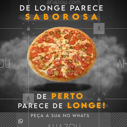 posts, legendas e frases de pizzaria para whatsapp, instagram e facebook: Se de longe já parece saborosa, imagina na sua casa! hahahaha Não perde tempo, pede logo a sua! #ahazou #food #comida #hamburguer