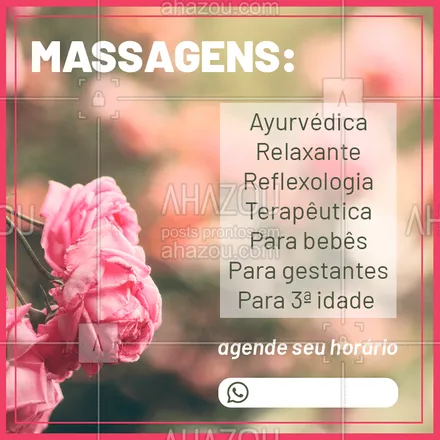 posts, legendas e frases de massoterapia, terapias complementares para whatsapp, instagram e facebook: Agende já a massagem ideal para você! #massagem #terapialternativa #ahazouapp #ahazousaude #bemestar #relax