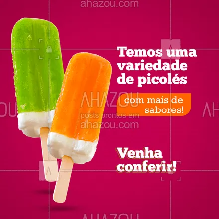 posts, legendas e frases de gelados & açaiteria para whatsapp, instagram e facebook: Venha conferir e provar nossa grande variedade de sabores de picolés! Esperamos por você! 🍋🍓🍇💖
#ahazoutaste #gelados #sorveteria #picolé #gelado
