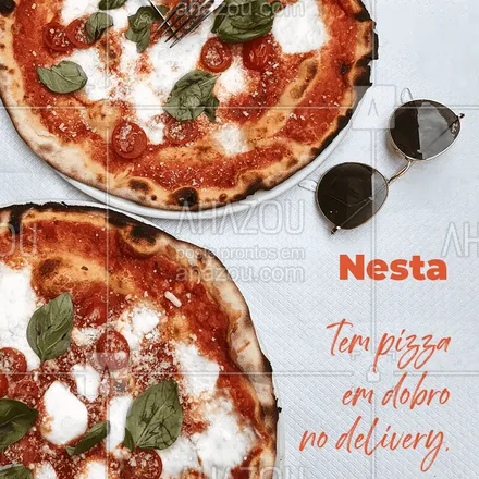 posts, legendas e frases de pizzaria para whatsapp, instagram e facebook: É isso mesmo!!! Nesta (inserir o dia da semana) tem pizza em dobro. Pediu uma pizza no seu sabor favorito, leva outra de (inserir os sabores disponíveis) por nossa conta. Vai perder? ?? #gastronomia #taste #pizza #AhazouTaste #pizzaria #delivery #pizzaemdobro