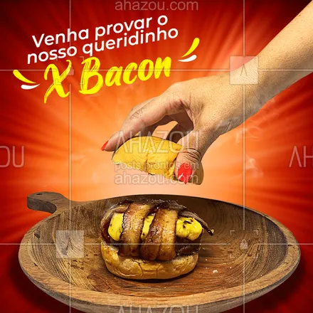 posts, legendas e frases de hamburguer para whatsapp, instagram e facebook: Entre os nossos lanches mais gostosos aparecem o x-bacon, e podemos te garantir que ele realmente é uma explosão de sabores ? #ahazoutaste #hamburgueria #burger #bacon #xbacon #convite 