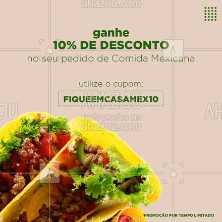 posts, legendas e frases de cozinha mexicana para whatsapp, instagram e facebook: Para mais informações: (contato) 
#CupomdeDesconto #Cupom #Desconto #Promoção #Gastronomia #AhazouTaste #Quarentena #ComidaMexicana
