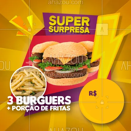 posts, legendas e frases de hamburguer para whatsapp, instagram e facebook: Achou que não ia ter promoção hoje né? ? Mas tem sim!!! Preparamos uma SUPER SURPRESA imperdível! Vem correndo aproveitar ???‍♀?‍♂

#hamburguer #promoção #superburguer #surpresa #promoçãosurpresa #food #ahazoutaste #bandbeauty