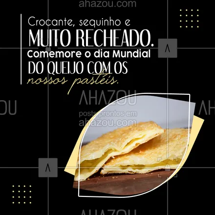 posts, legendas e frases de pastelaria  para whatsapp, instagram e facebook: Aproveite essa data deliciosa para se “acabar” de tanto comer o melhor e mais recheado pastel de queijo da região 🧀. Venha nos visitar ou peça por delivery. #amopastel #foodlovers #pastel #pastelaria #pastelrecheado #ahazoutaste #crocante #sequinho #qualidade #mussarela #queijo #opções #diamundialdoqueijo 
 
