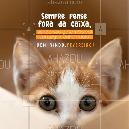 posts, legendas e frases de assuntos variados de Pets para whatsapp, instagram e facebook: Aproveite o novo mês para sair dos pensamentos presos na caixa, pense fora dela. Seu pet vai adorar ter uma caixa vazia para entrar e brincar. Bem-vindo, fevereiro! #bem-vindo #fevereiro #AhazouPet #motivacional #pet #petlovers 