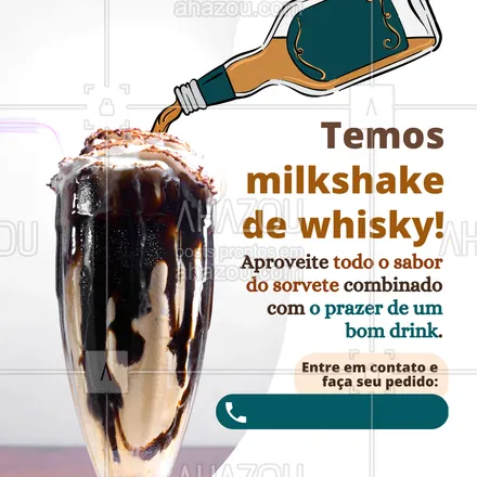 posts, legendas e frases de gelados & açaiteria para whatsapp, instagram e facebook: Você vai amar essa opção! Para os que apreciam um drink alcoólico, mas gostam de sentir o doce da vida. 🥰 Peça online ou venha fazer uma visita, e se apaixone pelo milkshake de whisky! 💕 #ahazoutaste #milkshake #whisky #milkshakedewhisky #whiskymikshake #whiskeymilkshake #milkshakedewhiskey  #sorveteria  #gelados #gelateria #sorvetealcoolico #editaveisahz