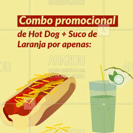 posts, legendas e frases de hot dog  para whatsapp, instagram e facebook: Se você ama um hot dog, aproveite pois estamos com um combo delicioso de suco de laranja + hot dog! Faça já o seu pedido pelo telefone: (__________________) e garanta já o seu combo. #Promo #Combo #ahazoutaste #HotDog #Suco #Laranja 