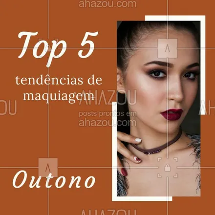 posts, legendas e frases de maquiagem, natura para whatsapp, instagram e facebook: Olha só as trends do Outono: 
1 - Olho esfumado com sombras quentes, como tons de roxo, vinho, vermelho e marsala estão super em alta!
2 - Batom glossy com cor ou transparente 
3 - Batom vermelho queimado, sempre chique e elegante, é o tom perfeito pro friozinho!
4 - Iluminador rosé gold e em tom de champagne
5 - Sobrancelhas naturais 
#maquiagem #ahazou #makeup #outono 