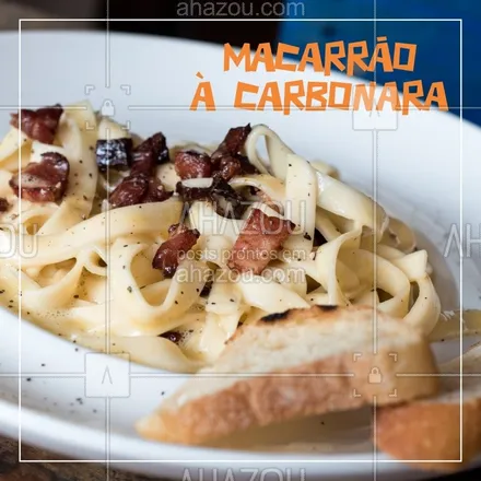 posts, legendas e frases de cozinha italiana para whatsapp, instagram e facebook: Hmmm já experimentou nosso macarrão à carbonara? Venha se deliciar! #macarrao #ahazoutaste #macarrao