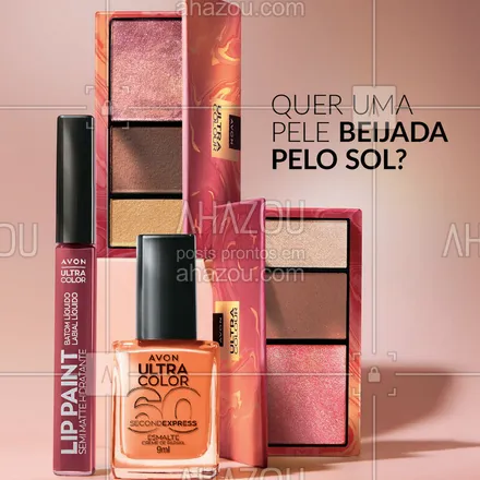 posts, legendas e frases de avon para whatsapp, instagram e facebook: Sabe aquela pele corada e radiante de quem aproveitou um dia de sol? É isso que a tendência Sunkissed entrega. A Avon tem paletas, esmaltes e batons icônicos que trazem as cores e o iluminado do verão pra você se jogar nessa tendência. Chame sua Consultora Avon ou compre pelo site! #ahazouavon #ahazourevenda