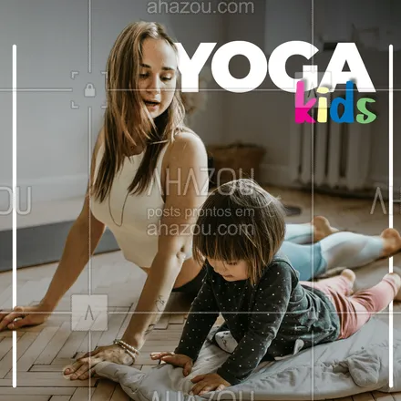 posts, legendas e frases de yoga para whatsapp, instagram e facebook: Sim, as aulas de Yoga também podem ser feitas pros pequenos! Essa prática para as crianças estimula a criatividade, a autoconfiança, o relaxamento e tranquilidade. Crianças muito agitadas conseguem ter um momento de foco e concentração, prestando atenção no corpo e nos seus movimentos! ??❤️?? #yogainfantil #yogaparacriancas #AhazouSaude #yoga #namaste #AhazouSaude 