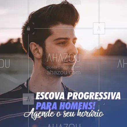 posts, legendas e frases de barbearia para whatsapp, instagram e facebook: Sim, homens também fazem escova progressiva. E estamos realizando esse procedimento aqui. Deixe o seu cabelo liso por muito tempo. Agende já o seu horário #progressivamasculina #AhazouBeauty #escovaprogressiva #barbearia