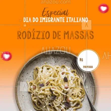 posts, legendas e frases de cozinha italiana para whatsapp, instagram e facebook: Hoje é Dia do Imigrante Italiano, por isso seria impossível fazer uma promoção apenas, daí resolvemos a questão com um belo rodízio. Aproveite e marque alguém pra vir com você. ?❤️️
.
?(nome do estabelecimento)?
?(inserir contato)
?(inserir endereço)
⏰(inserir horário de funcionamento)

#DiadoImigranteItaliano #Promoção #AhazouTaste #EditaveisAhz #ComidaItaliana
