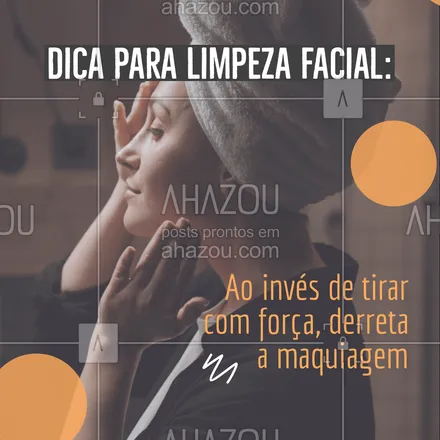 posts, legendas e frases de estética facial, maquiagem para whatsapp, instagram e facebook: Se você usa maquiagem há um tempo, sabe que tirá-la pode dar um trabalhinho. Isso porque não é uma atividade que se realiza na base da força e, sim, da paciência. Usar um demaquilante que derrete a maquiagem e, portanto, borra tudo, é melhor do que tentar "arrancar tudo". Isso evita uma agressão desnecessária à sua pele e garante que tudo sairá com segurança.   #AhazouBeauty  #bemestar #esteticafacial #limpezadepele #makeup #skincare #saúde #beleza