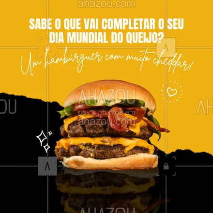 posts, legendas e frases de hamburguer para whatsapp, instagram e facebook: O seu Dia mundial do Queijo só vai estar completo depois de devorar o melhor hambúrguer com cheddar da região 🍔🧀. Venha nos visitar ou faça o seu pedido por delivery e se apaixone em cada mordida. #artesanal #burger #burgerlovers #hamburgueria #hamburgueriaartesanal #ahazoutaste #opções #cardápio #queijo #cheddar #diamundialdoqueijo 


