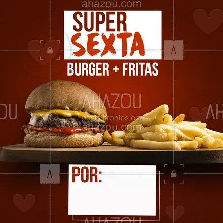 posts, legendas e frases de hamburguer para whatsapp, instagram e facebook: Super promoção de sexta, peça já esse delicioso combo, por apenas:[] #ahazou #food #fritas #burger