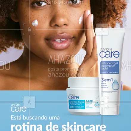 posts, legendas e frases de avon para whatsapp, instagram e facebook: Uma pele bem cuidada não precisa de milhões de passos. Com a linha Avon Care, você tem todos os benefícios para uma rotina descomplicada: limpeza, hidratação por até 24 horas e sensação de pele macia. ✨Acesse o nosso site ou entre em contato com a sua consultora mais próxima. #ahazouavon #ahazourevenda