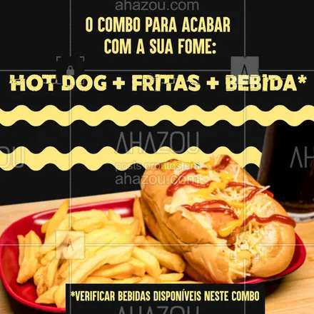 posts, legendas e frases de hot dog  para whatsapp, instagram e facebook: A fome tá grande por aí? Então experimente o nosso combo de Hot Dog, Fritas e Bebida. ???

#AhazouTaste #HotDog #Gastronomia #Combo 