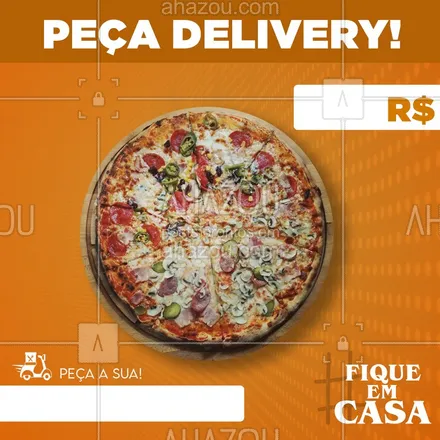 posts, legendas e frases de pizzaria para whatsapp, instagram e facebook: Como prezamos pela sua segurança, não precisa sair de casa não, a gente leva a pizza até você! Pede a sua! #ahazou #pizza #saicorona #fretegratis #teammand 