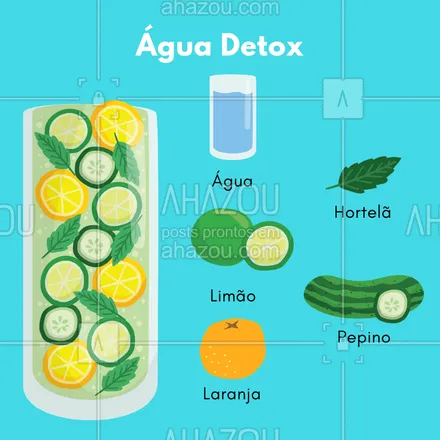 posts, legendas e frases de nutrição para whatsapp, instagram e facebook: A água detox com todos esses ingredientes trás diversos beneficíos para a sua saúde, experimente e se cuide! #aguadetox #ahazou #saude #estetica #detox #dieta 