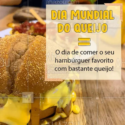 posts, legendas e frases de hamburguer para whatsapp, instagram e facebook: Qual das nossas opções de hambúrgueres com queijo é o seu favorito? ?? Conta aqui pra gente e já convida alguém para vir comer com você.?  
.
?(inserir nome do estabelecimento)?
☎️(inserir contato)
?(inserir endereço, se houver)
⏰(inserir horário de funcionamento)

#AhazouTaste #Hamburguer #Burger #DiaMundialdoQueijo #Queijo
