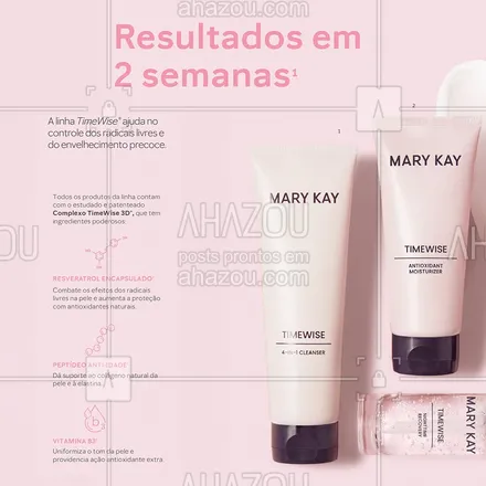 posts, legendas e frases de mary kay para whatsapp, instagram e facebook: ✨ Descubra a transformação com a linha TimeWise da Mary Kay, resultados comprovados a partir de 2 semanas. 
🌸 Cuidados com a pele que fazem a diferença.

#ahazoumarykay #ahazourevenda