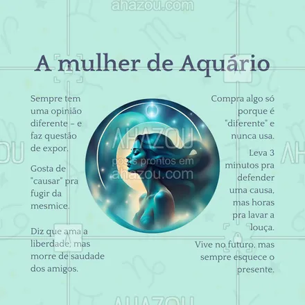 posts, legendas e frases de posts para todos para whatsapp, instagram e facebook: 🌀 Ser aquariana é ser única! Sempre surpreende com ideias fora da caixa e um jeito de viver que inspira liberdade. 💙✨ #MulherDeAquário #ahazou #engraçado #signos #mulherdecadasigno #aquário 
