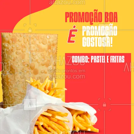 posts, legendas e frases de pastelaria  para whatsapp, instagram e facebook: Quanto mais delicias a promoção tiver, melhor é a promoção. Venha aproveitar o nosso combo promocional de pastel e fritas. #combo #promoção #pastel #ahazoutaste #fritas #pastelaria