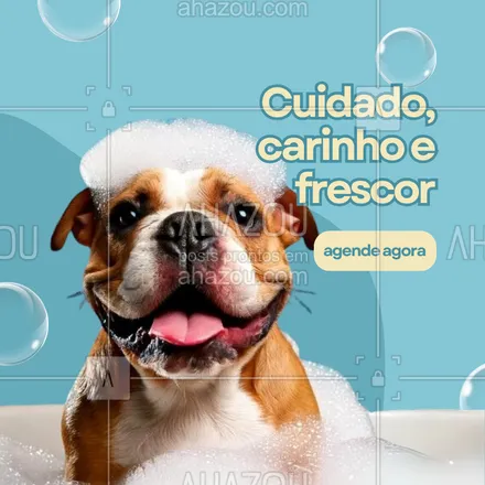 posts, legendas e frases de petshop para whatsapp, instagram e facebook: Quer um banho relaxante para o seu pet? Aqui, o banho e tosa é mais que um cuidado, é um momento de bem-estar. Traga seu peludo para aproveitar uma sessão de relaxamento e sair limpinho! 🧼💙 #MomentoSpa #BanhoETosa #PetLimpinho #AhazouPet #petshop #serviçosdepetshop #banho #tosa