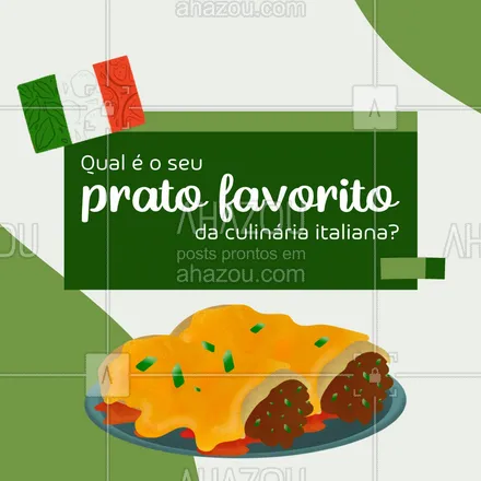 posts, legendas e frases de cozinha italiana para whatsapp, instagram e facebook: Comenta aqui embaixo qual é o seu prato favorito e o porquê da sua resposta! Queremos te conhecer melhor.  🇮🇹😋 #ahazoutaste #cozinhaitaliana  #comidaitaliana  #italianfood  #italy  #massas  #pasta  #restauranteitaliano 