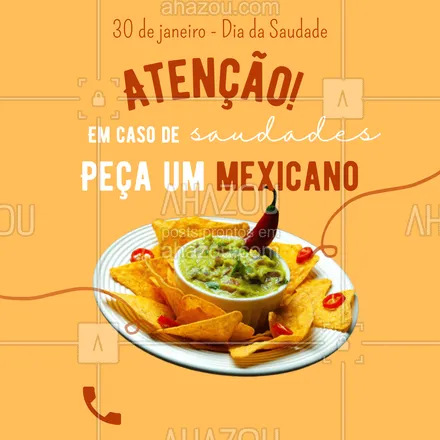 posts, legendas e frases de cozinha mexicana para whatsapp, instagram e facebook: Quem aí vai matar as saudades com um delicioso prato mexicano???
.
?(inserir nome do estabelecimento)?
☎️(inserir contato)
?(inserir endereço)
⏰(inserir horário de funcionamento) #DiadaSaudade #Saudade #AhazouTaste #ComidaMexicana #Mexico #Mexicano #ahazoutaste 