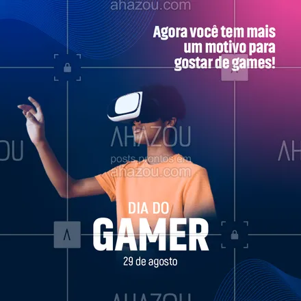 posts, legendas e frases de marketing digital para whatsapp, instagram e facebook: Além de nos proporcionarem momentos de descontração e lazer, os jogos eletrônicos representam também uma oportunidade de expandir seu negócio e alavancar os resultados da sua rede social! Tendências apontam que marketing associado aos e-sports pode gerar o triplo de engajamento e, consequentemente, mais vendas 🤩✨ Já tinha pensado nessa opção? Principalmente pra quem almeja atingir um maior público jovem, é sucesso garantido 😉 #AhazouMktDigital #games #marketingdigital #diadogamer