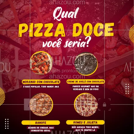 posts, legendas e frases de pizzaria para whatsapp, instagram e facebook: E aí,  nesse rolê de pizzas doces, quem é você? 🤔😋
#enquete #engraçado #humor #ahazoutaste #pizzadoce  #pizza  #pizzalife  #pizzalovers  #pizzaria 